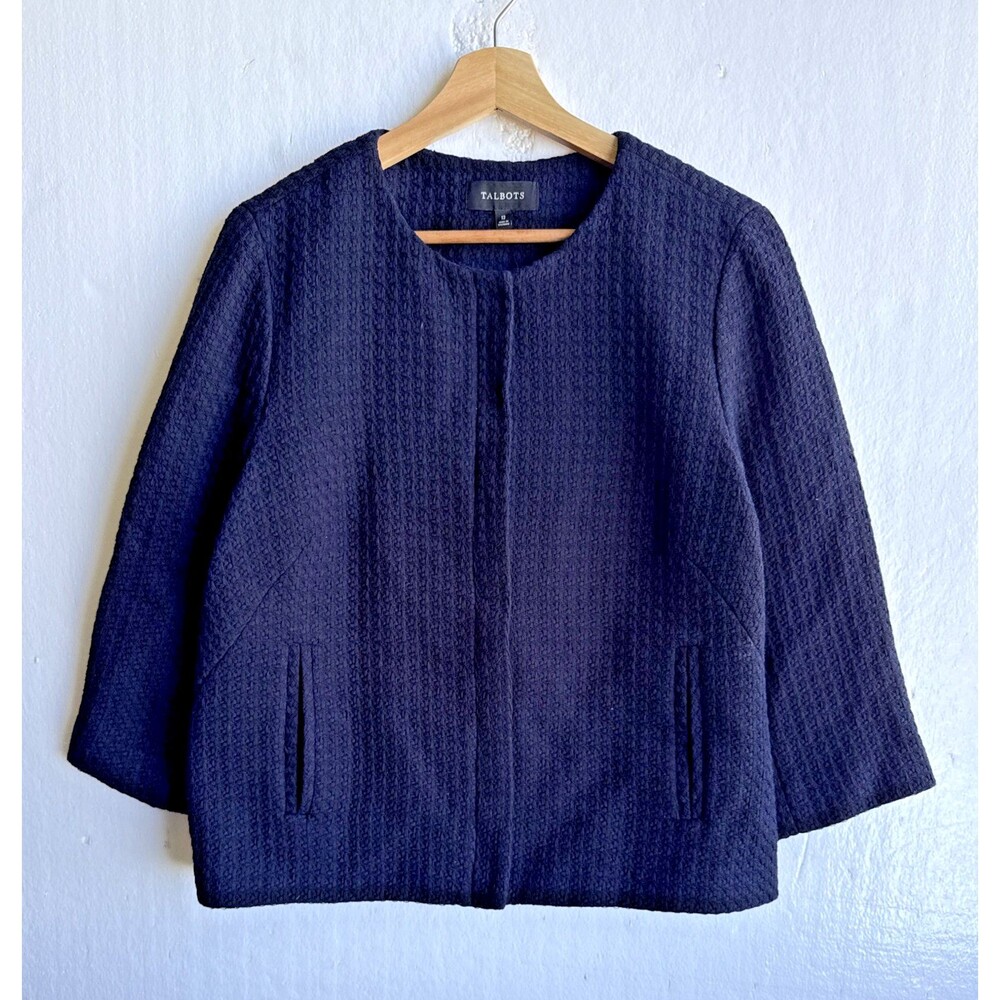 NWT Talbots Women's Blue Textured Cotton Full Zip Pleated Back Blazer NEW $169